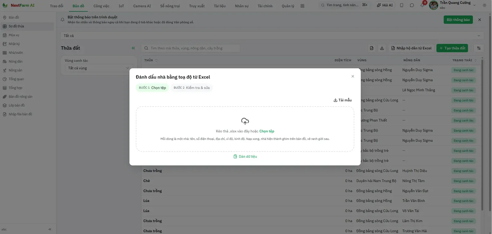 Nhập hộ dân từ Excel tại Sơ đồ thửa
