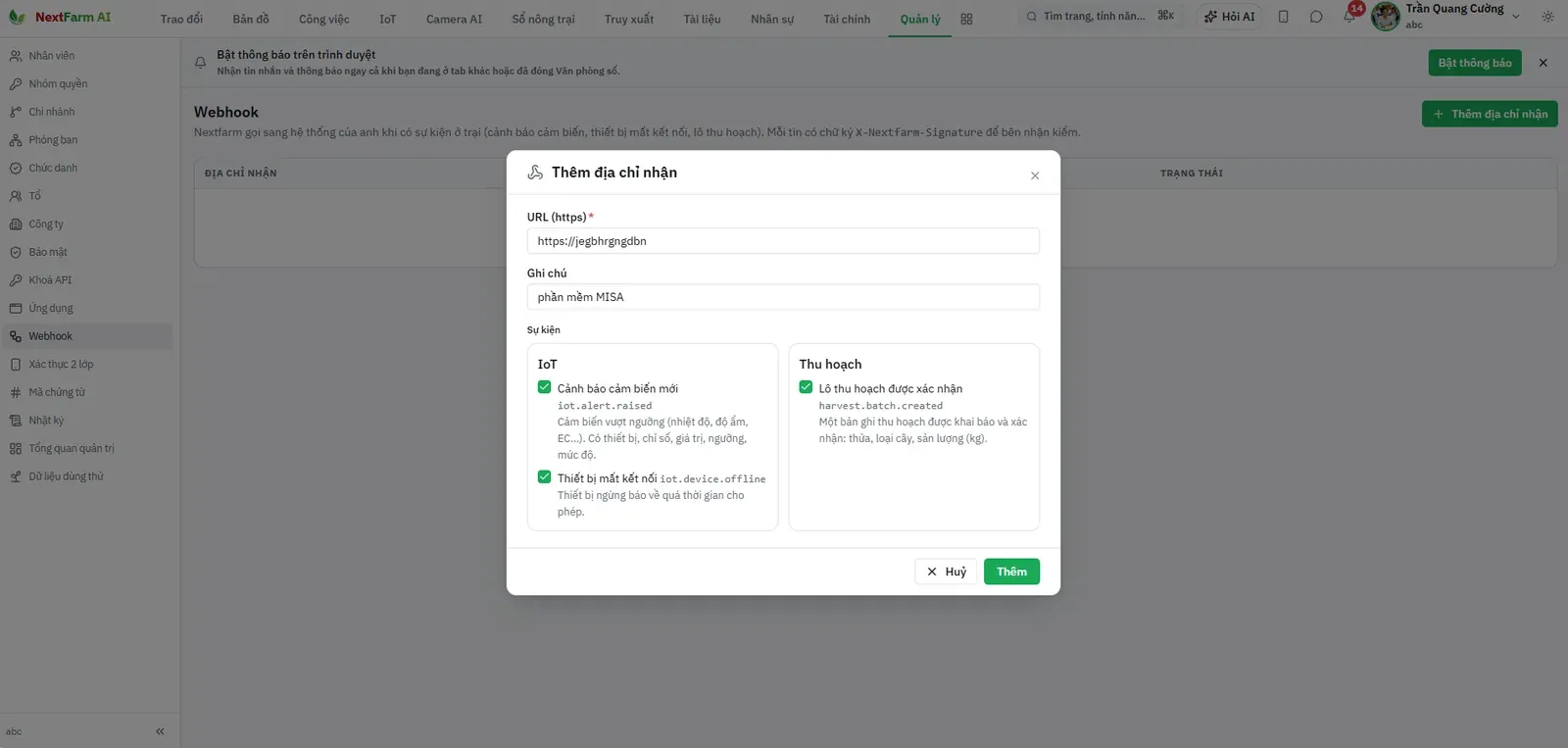 Thêm địa chỉ nhận webhook